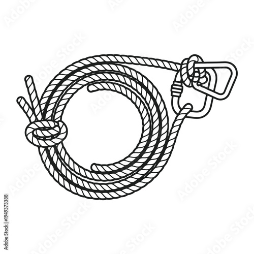 Coiled rope with carabiner and knot illustration