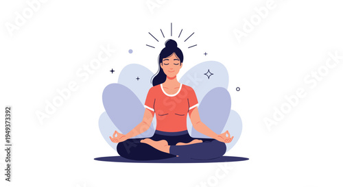 Young woman meditates in a peaceful yoga pose surrounded by soft abstract shapes and sparkling decorative elements.