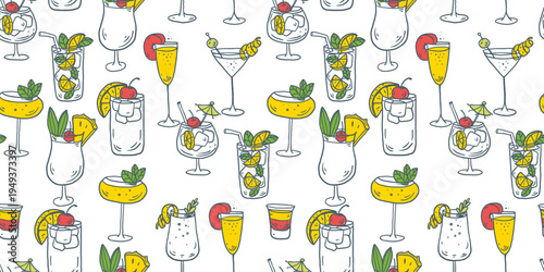 Hand drawn cocktail seamless pattern. Whimsical drinks doodles. Hand drawn vector illustration for menu, packaging design. Cocktails quirky icons, simple sketch style. Partially colored drawing