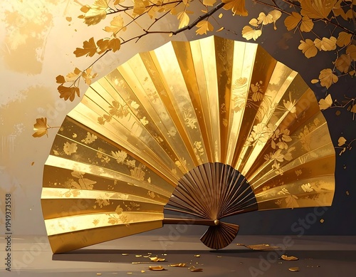 Golden fan, autumnal leaves, soft light