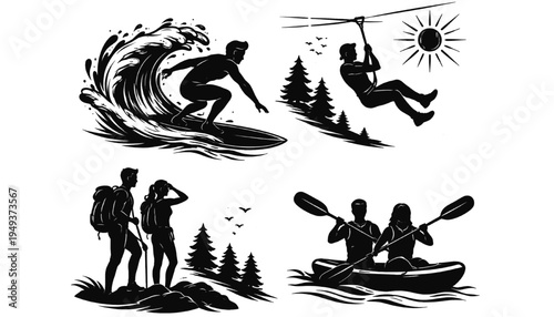 Outdoor adventure activities surfing hiking kayaking zipline summer vacation silhouettes