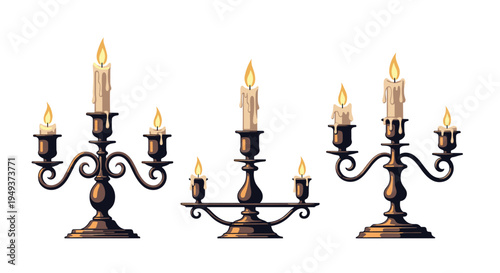 Set of three antique style candelabras features ornate designs and melting white candles with bright yellow flames.