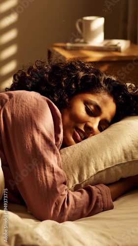 Young woman is sleeping in bed during sunny morning. Happy female wakes up with smile on pillow. This person rests in cozy bedroom sunlight. Curly hair lady enjoys deep peaceful sleep at home.
