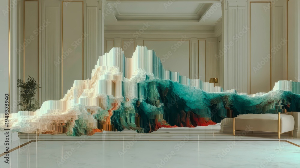 Fototapeta premium Opulent room features a surreal, colorful mountain sculpture. Abstract peaks blend teal, white, and coral hues. Minimalist furniture contrasts with the vivid, textured terrain