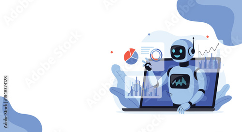 Advanced robot on a laptop screen monitors various data charts and graphs to illustrate modern artificial intelligence.