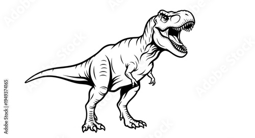 Detailed Line Art of a Tyrannosaurus Rex with Open Mouth.