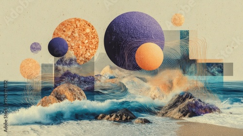 Colorful spheres float above crashing ocean waves. Rocks jut from turquoise water, textured and weathered. Spheres glow with orange, purple, and speckled hues. Abstract shapes blend with sea spray