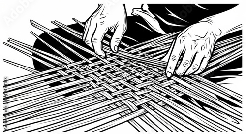 Hands Weaving Intricate Basket with Natural Materials.