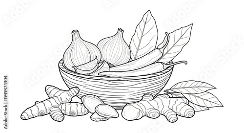 Sketch of Spices and Vegetables in a Woven Basket.
