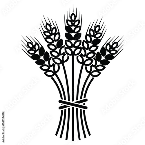 Bouquet of wheat tied with twine in black silhouette style