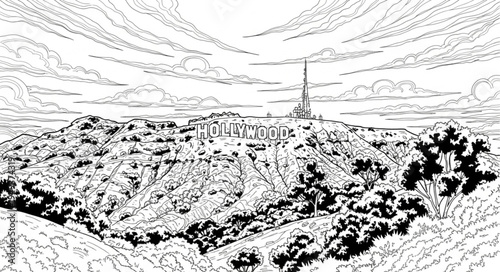 Hollywood Hills Landscape - Iconic Sign and Tower in Black and White.