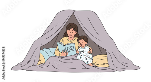 Mother reading a book to her child in a cozy blanket fort, bedtime story, family bonding, childhood innocence
