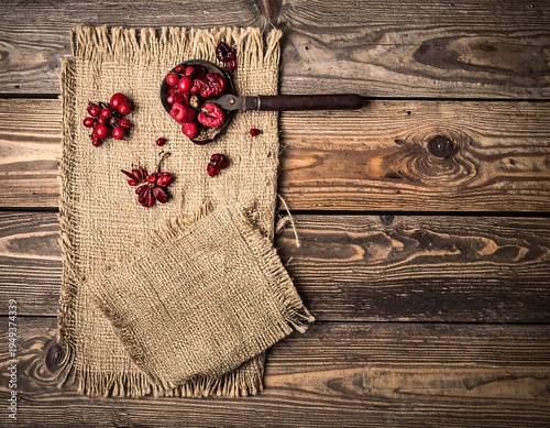 Dried berries in a small pan on rustic wooden table