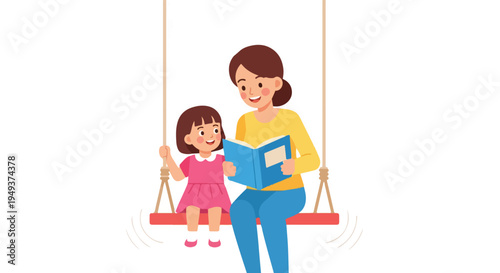 Mother reading a book to her daughter on a swing, happy family moment, childhood education, illustration