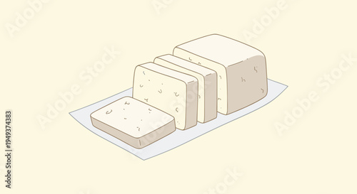 Block of fresh white tofu or cheese is shown sliced into several pieces on a simple white paper wrap background.