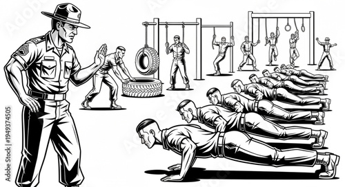 Drill Instructor Overseeing Military Recruits in Physical Training.