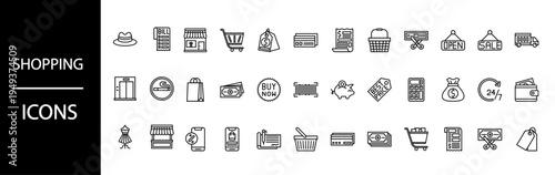 A comprehensive collection of elegantly designed linear icons representing various facets of shopping, retail, and e-commerce