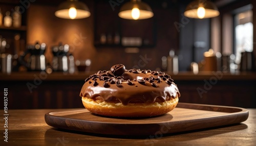 Decadent Mocha Chocolate Donut with Chocolate Chips and Coffee Bean Garnish Served on a Wooden Board
