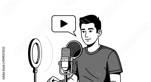 Man Recording Video with Microphone and Ring Light Setup.