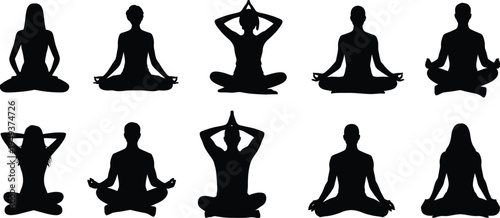 Yoga meditation silhouette set showing different sitting poses for relaxation, mindfulness practice, spiritual balance and healthy lifestyle wellness concept.