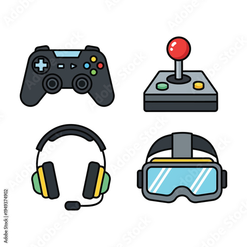 flat design gaming accessories set with controller joystick headset and vr goggles