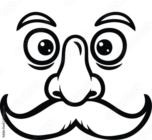 Cartoon face with large eyes big nose and mustache in black and white