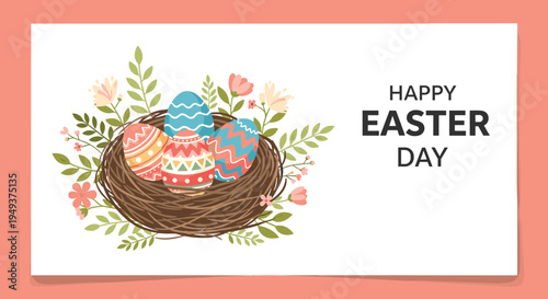 Easter celebration card shows a bird nest filled with colorful patterned eggs surrounded by pretty spring flowers.