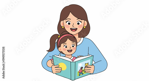 Happy mother and daughter reading a storybook together, enjoying quality time and learning, isolated vector illustration of family bonding.