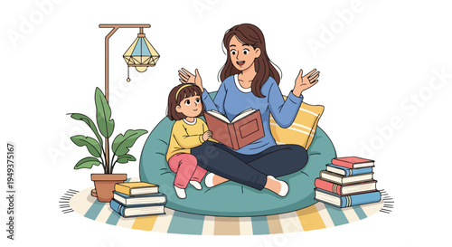Mother and young daughter enjoying a cozy storytelling session, reading a book together on a beanbag chair at home, fostering imagination and learning.