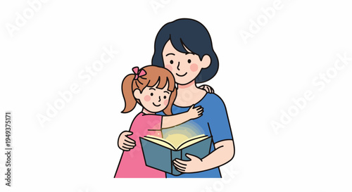 Loving mother and daughter reading a magical glowing storybook together, fostering imagination and learning in a heartwarming family moment.