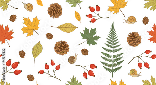 Detailed seamless pattern of autumn elements features colorful fallen leaves, pinecones, snails, and forest berries.