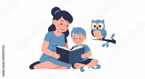 Mother and son reading a book together with an owl on a branch, illustration, learning, education, family time