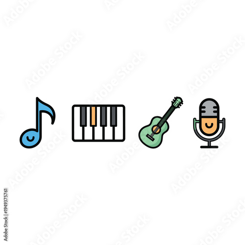 flat design music instruments and microphone set for audio production