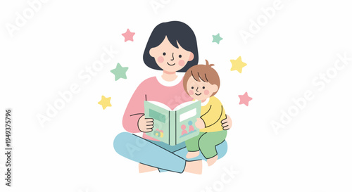 Mother and child reading a book together, surrounded by colorful stars, representing education and family bonding.