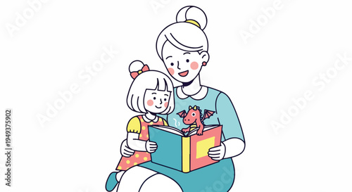 Mother reading a storybook with dragon illustration to her daughter, illustration, white background