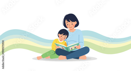 Mother and child reading a book together, illustration of family bonding and education, cozy home scene