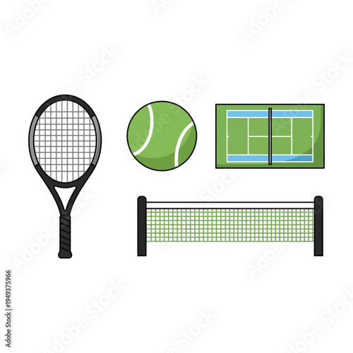 flat design tennis equipment set with racket ball and net on court