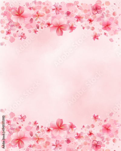 Dreamy vertical background featuring a dense border of floating pink cherry blossoms and scattered petals at the top and bottom. The soft, ethereal pink watercolor texture in the center creates a roma