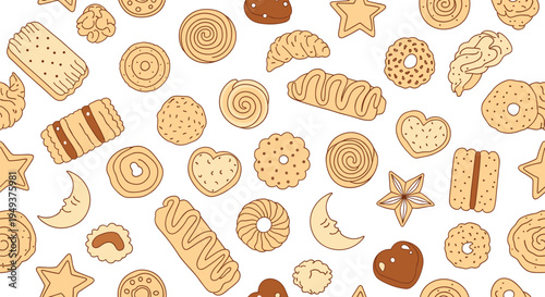 Delicious pattern of assorted hand-drawn cookies and sweet biscuits including stars, hearts, and crescent moons on white.