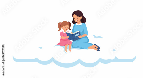 Mother and daughter reading a book together on a cloud, symbolizing imagination and education