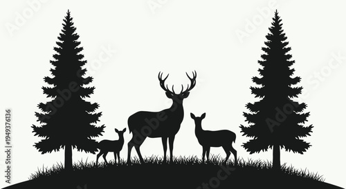 Deer family silhouette in forest