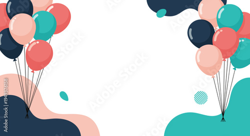 Festive event background decorated with bunches of colorful balloons in shades of pink, blue, and teal on a white space.
