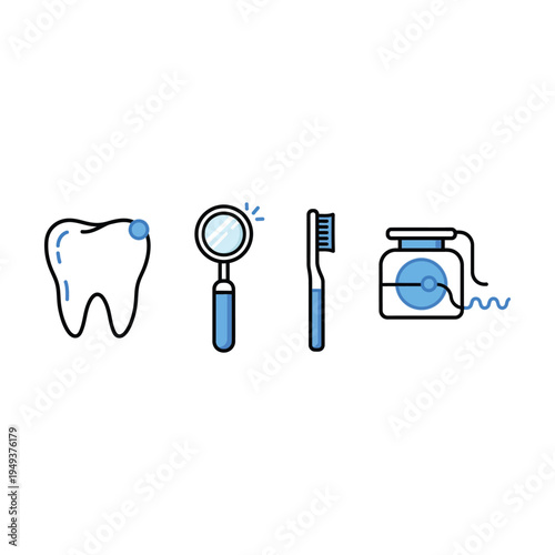 Dental hygiene icons set with tooth, mirror, toothbrush, and mouthwash bottle