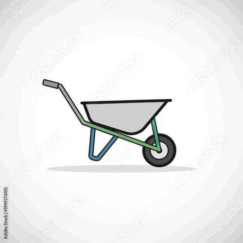 Green metal wheelbarrow with one wheel.