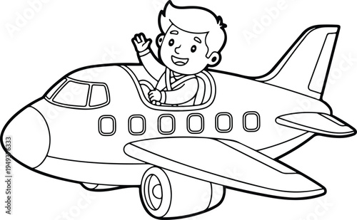 Coloring page outline of cartoon passenger airplane.cartoon man ride the plane. Vector image on white background. Coloring book of transport for kids