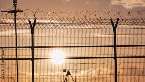 Airport security fence with barbed wire at sunset, protecting restricted area