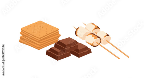 Isometric view of s'mores ingredients including a stack of graham crackers, chocolate bars, and toasted marshmallows on sticks.