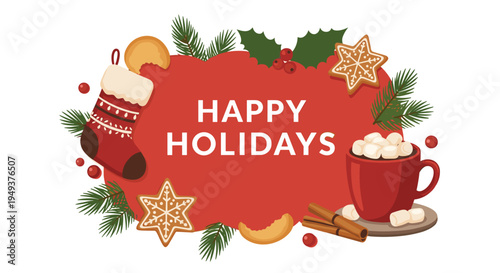 Warm Christmas greeting card featuring a red background with a holiday stocking, gingerbread stars, and a cup of hot cocoa.