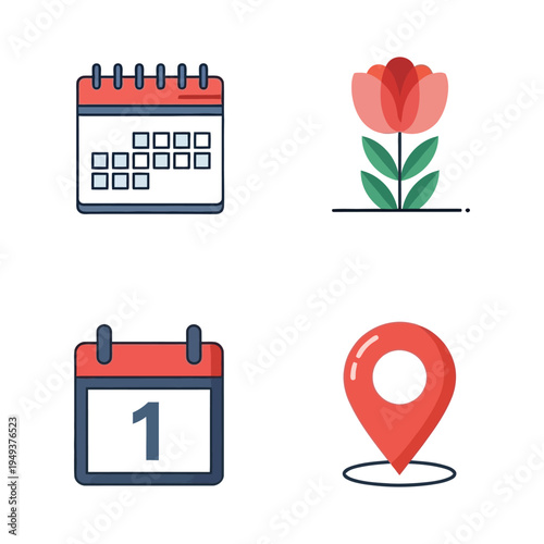 Flat design calendar and tulip with location pin and date marker illustration