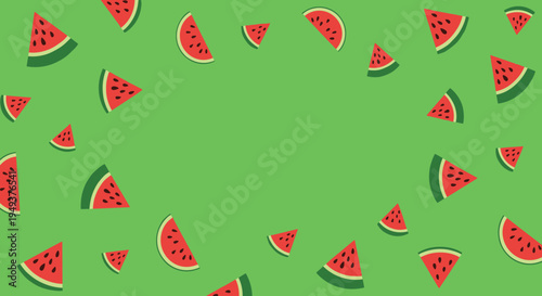 Fun and bright summer background featuring scattered slices of juicy red watermelon with seeds over a vibrant green color.